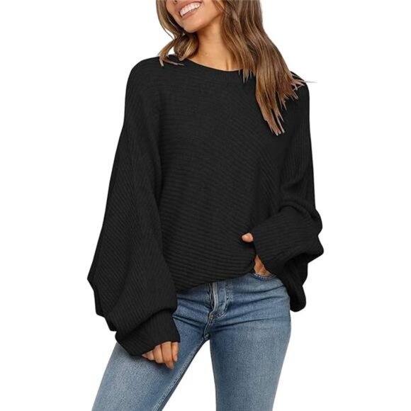 Womens Oversized Sweater Crewneck Pullover Batwing Puff Long Sleeve Knit Top - Picture 4 of 4
